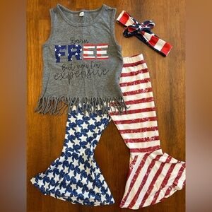 Patriotic Bell Bottom + Fringe Top Outfit | Girls 3-Piece Set | 110 (4-5 Years)